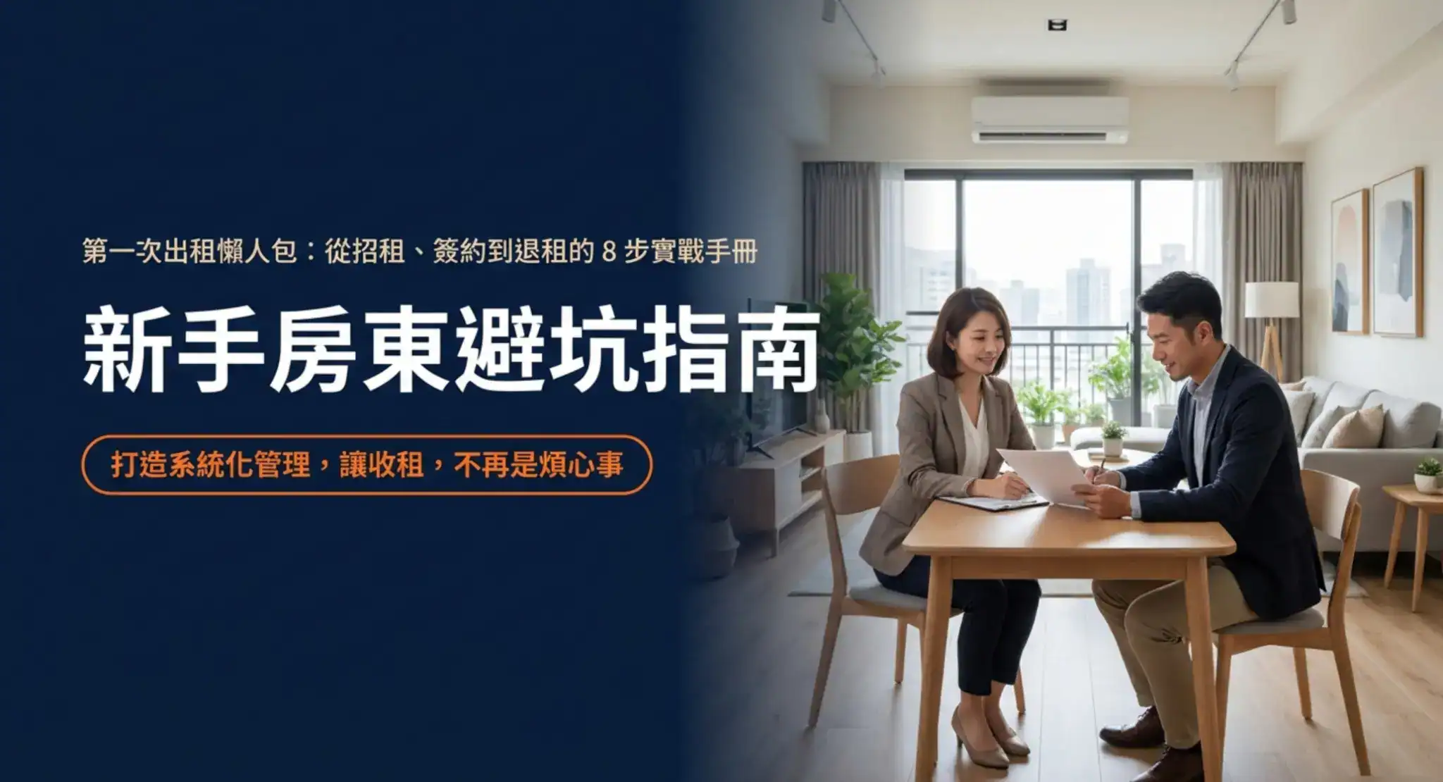新手房東第一次出租指南，兩人在明亮客廳討論租屋契約與房屋出租管理事項