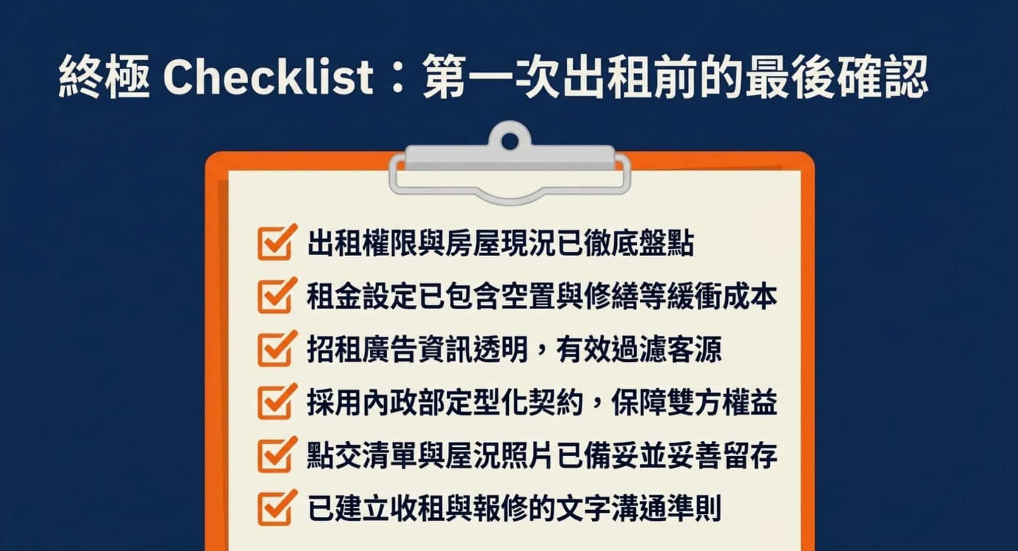 新手房東出租前六項檢查清單,包含房屋權限、租金成本、招租廣告、租賃契約、入住點交及日常管理紀錄