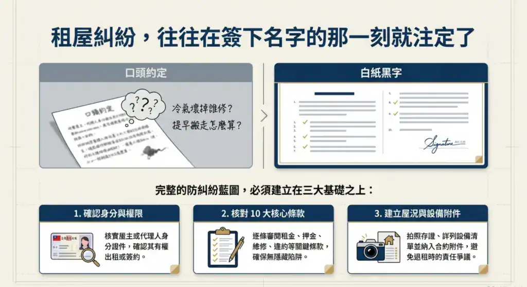 租屋簽約三大確認重點:身分與出租權限、租約條款及屋況設備附件