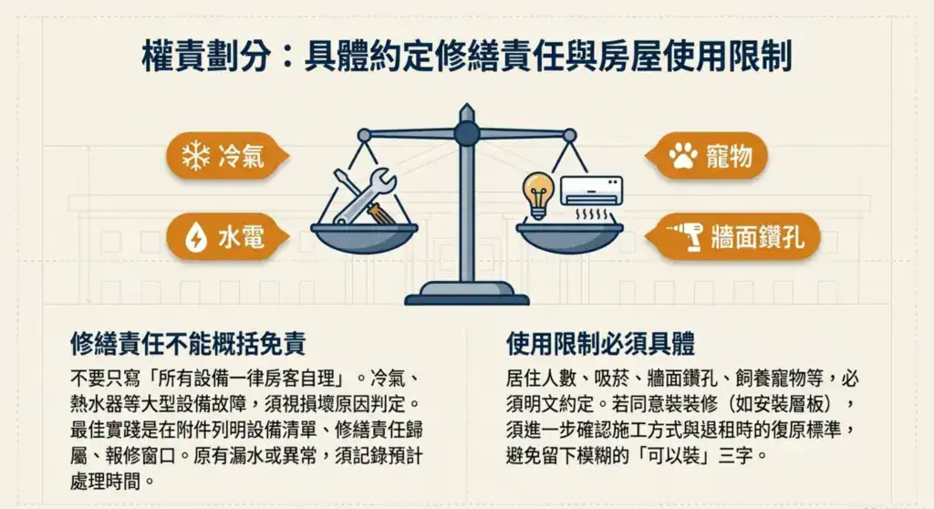租屋修繕責任與使用限制,冷氣設備、報修窗口、寵物及牆面鑽孔應具體約定