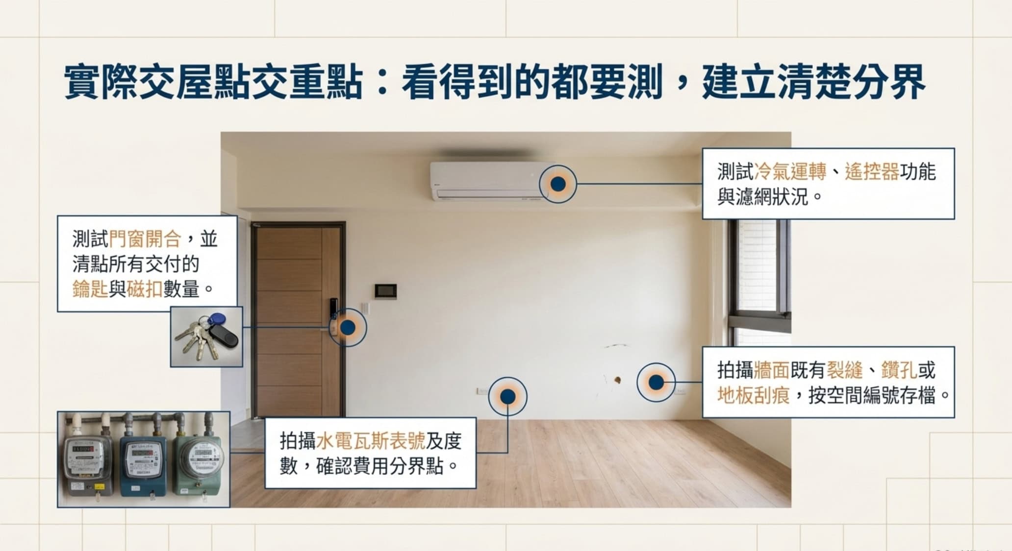 租屋交屋檢查示意,測試冷氣門窗、拍攝既有損傷、清點鑰匙並記錄水電瓦斯表