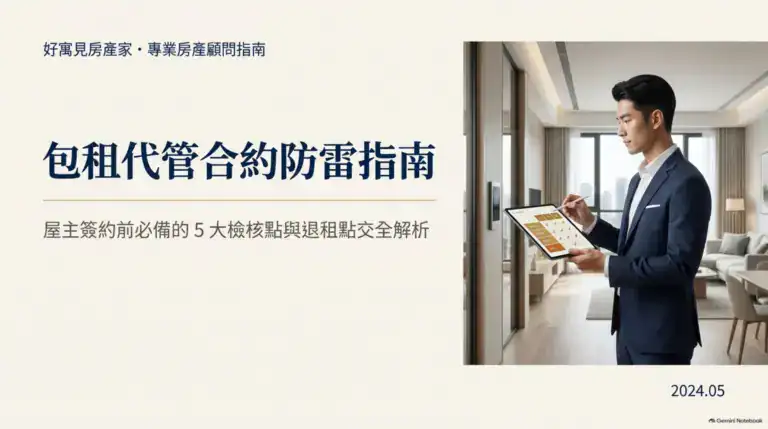 包租代管合約防雷指南封面，專業房產顧問在住宅內使用平板檢查房屋資訊