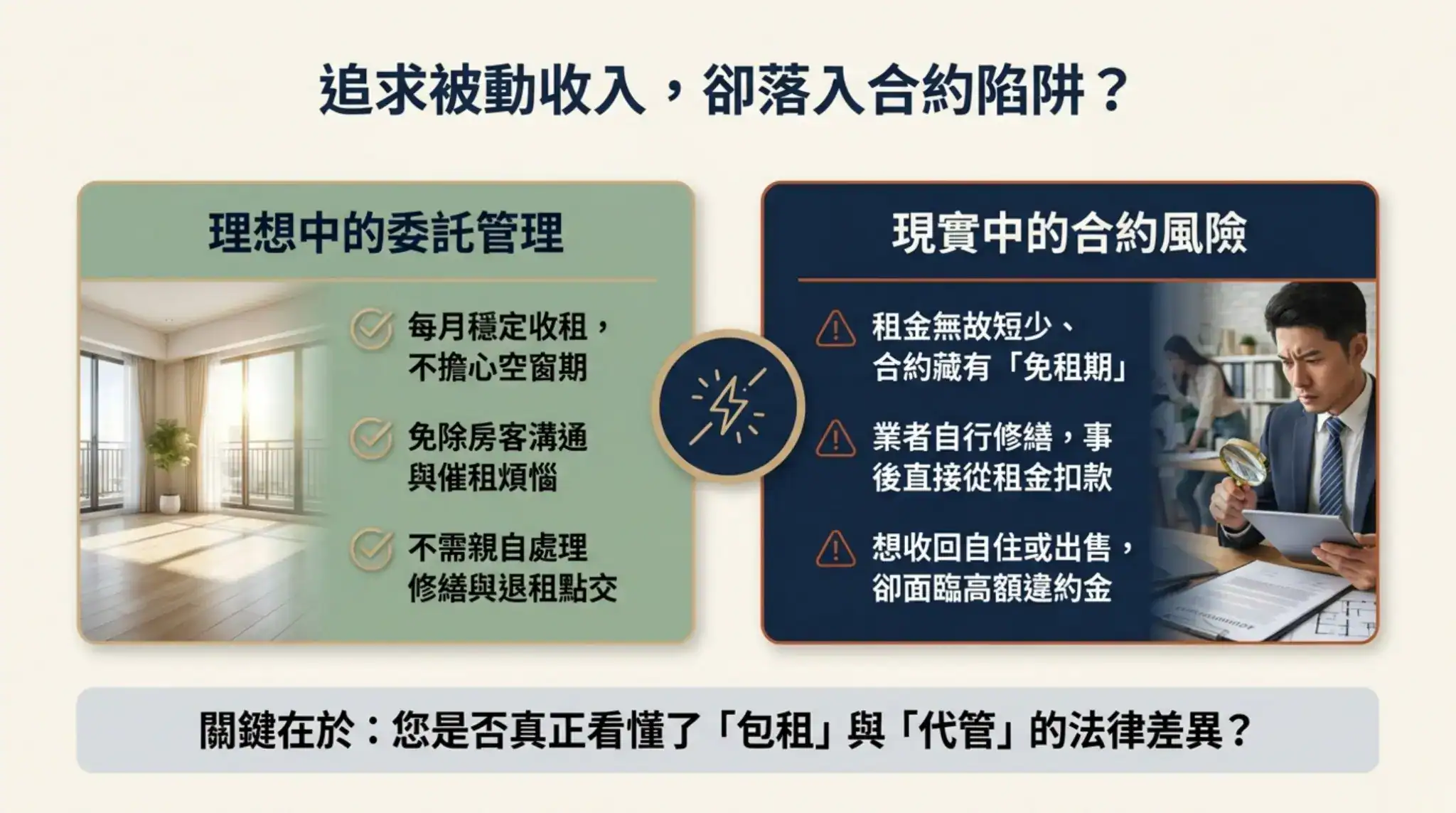包租代管合約防雷指南封面,專業房產顧問在住宅內使用平板檢查房屋資訊