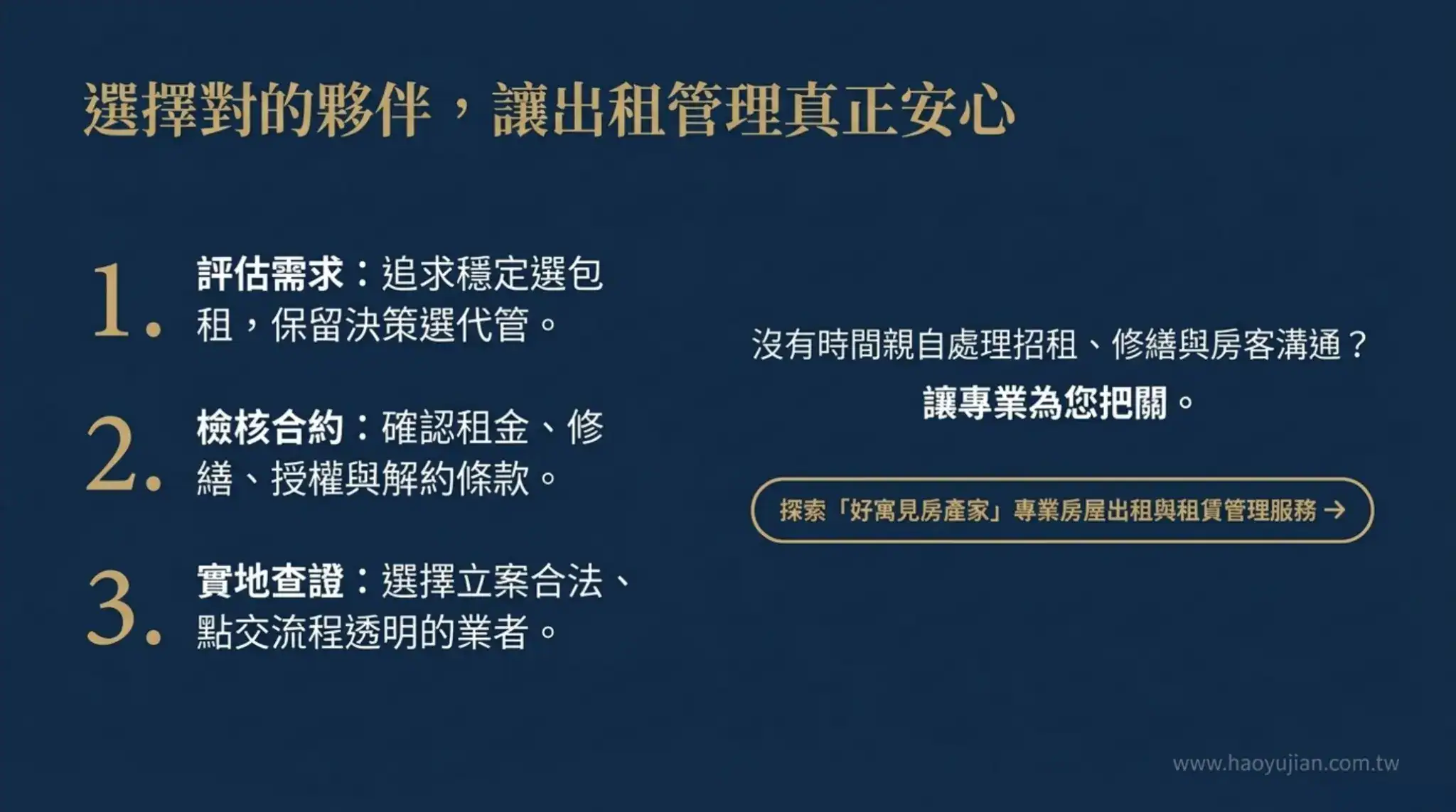 好寓見房產家包租代管合約簽約建議與房屋出租管理服務引導圖
